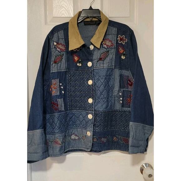 Vintage Womens Quilted Patchwork Denim Jacket Size 1X Embroidered Leaf Button Up - Picture 1 of 7